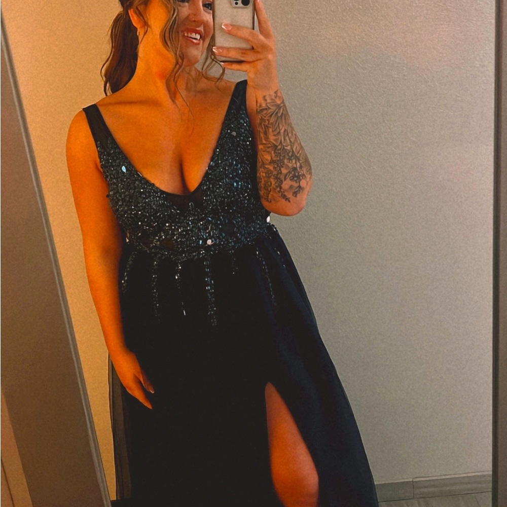 Size 12 Navy Blue Sequence and Tulle A-Line Gown with slit